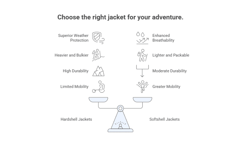 Compare hardshell vs softshell jacket, highlighting weather protection, durability, mobility, and packability for outdoor adventures.