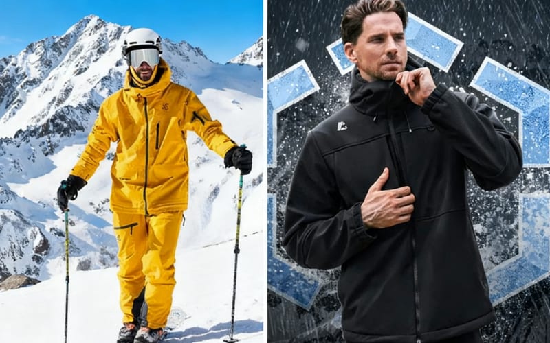 A comparison of hardshell vs softshell jackets, showcasing their distinct features for outdoor activities in snowy mountains.