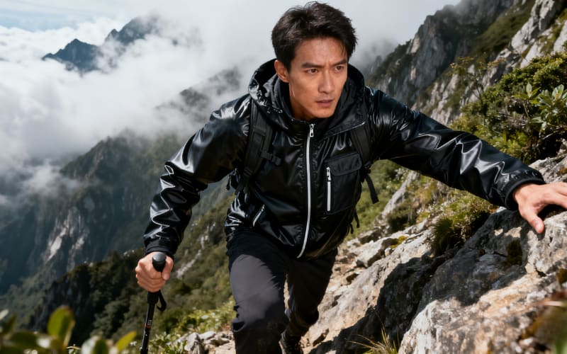 A man climbs rocky terrain wearing a hardshell jacket, highlighting the durability of hardshell vs softshell jacket options.