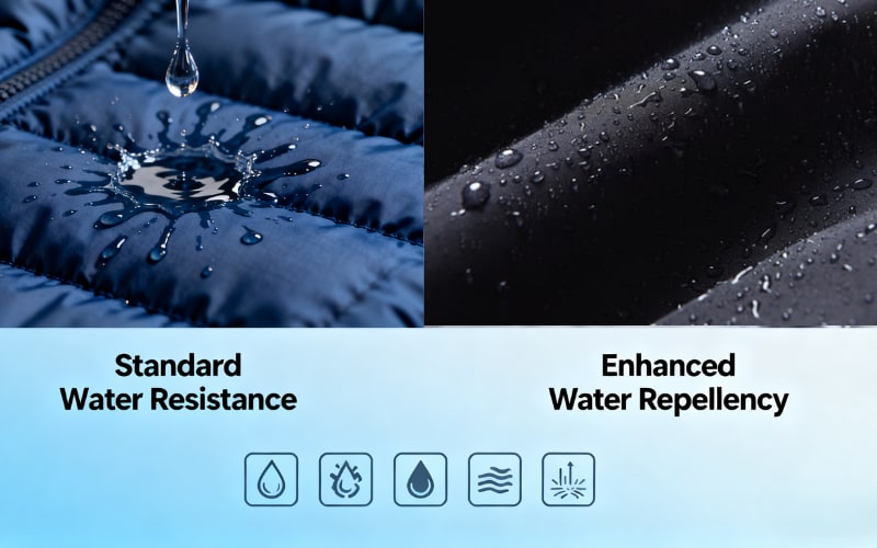 Comparison of down jacket vs puffer jacket showcasing standard water resistance and enhanced water repellency features.