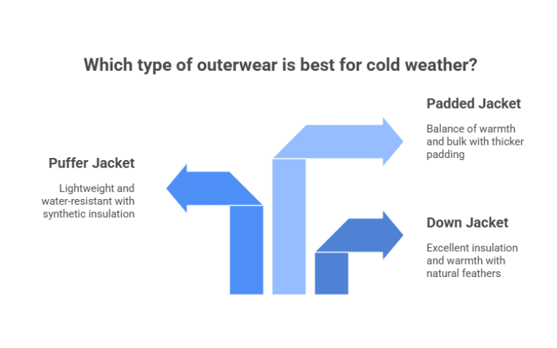 Comparison of puffer jacket and down jacket, highlighting insulation, weight, and warmth for cold-weather outerwear choices.