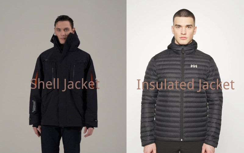 Comparison of a shell jacket on the left and an insulated jacket on the right, showcasing different styles.