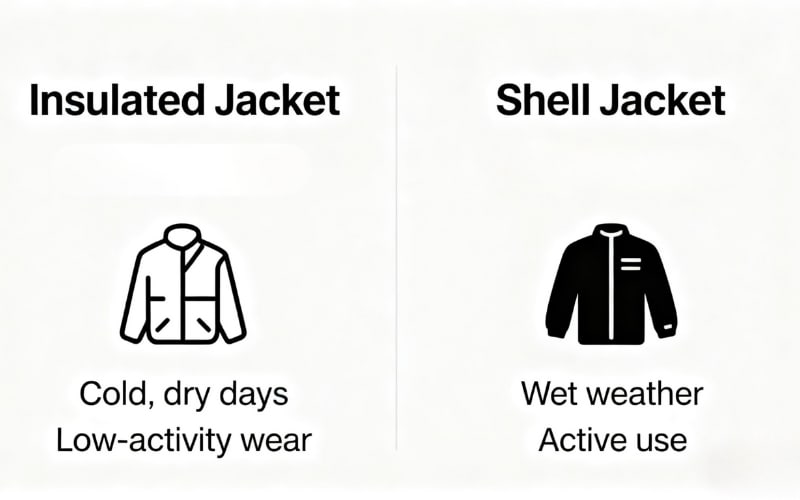 Comparison of insulated jacket for cold dry days and shell jacket for wet weather and active use.
