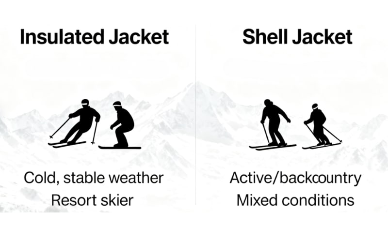 Comparison of insulated jacket and shell jacket for skiing in different weather conditions.