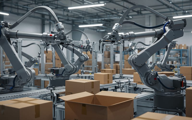 Automated robotic arms in a warehouse efficiently handle packages, highlighting advancements in the barcode scanner market.