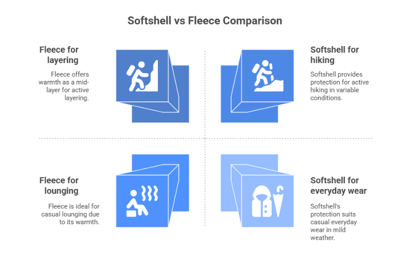 Comparison of softshell vs fleece for various activities: layering, lounging, hiking, and everyday wear.