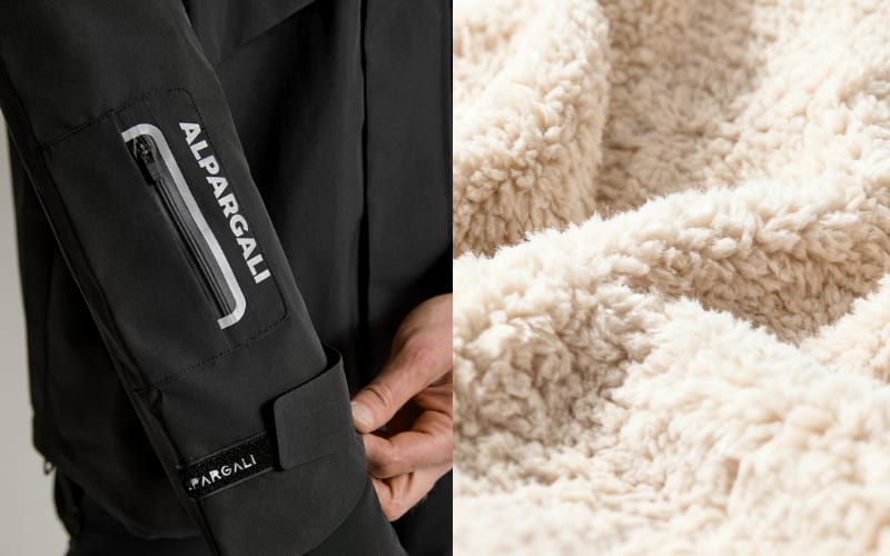 A comparison of softshell and fleece fabrics, showcasing a softshell jacket and plush fleece texture.