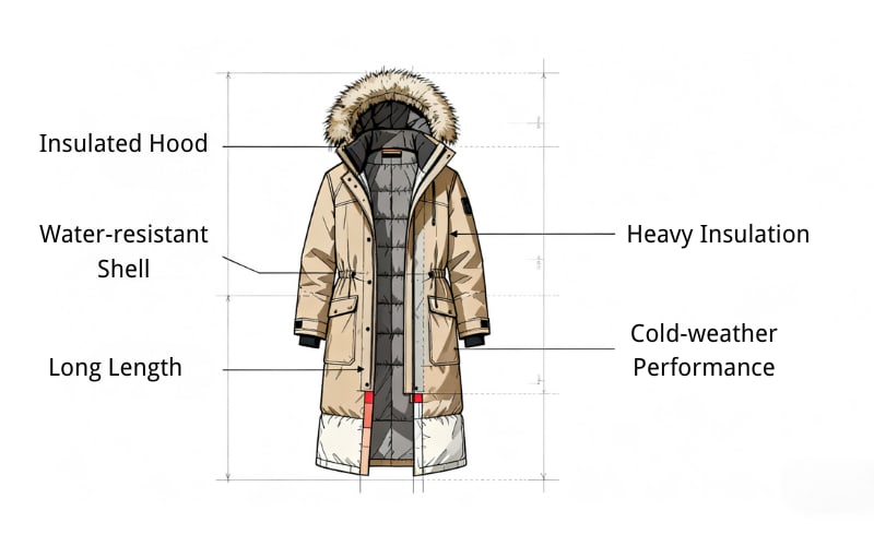 A detailed illustration comparing a parka vs puffer coat, highlighting features like insulation and length.