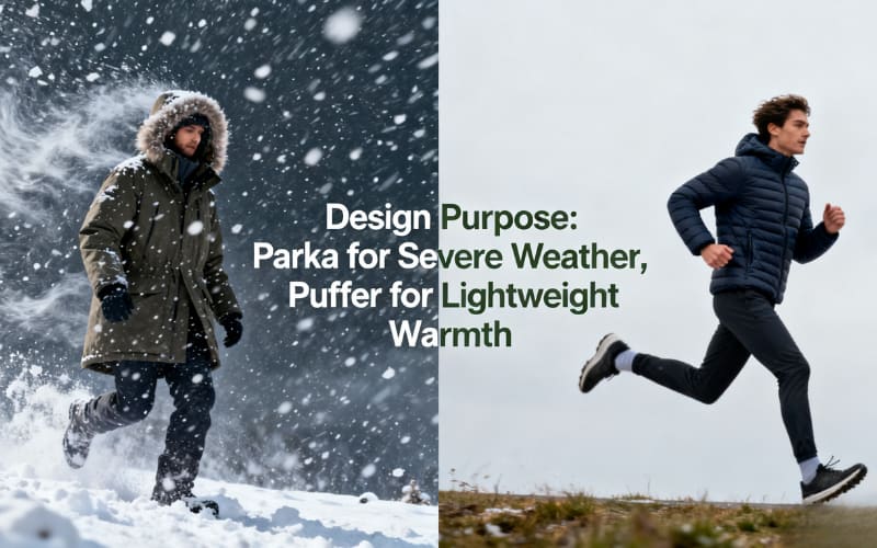 A comparison highlighting the design purposes of parka for severe weather and puffer for lightweight warmth.