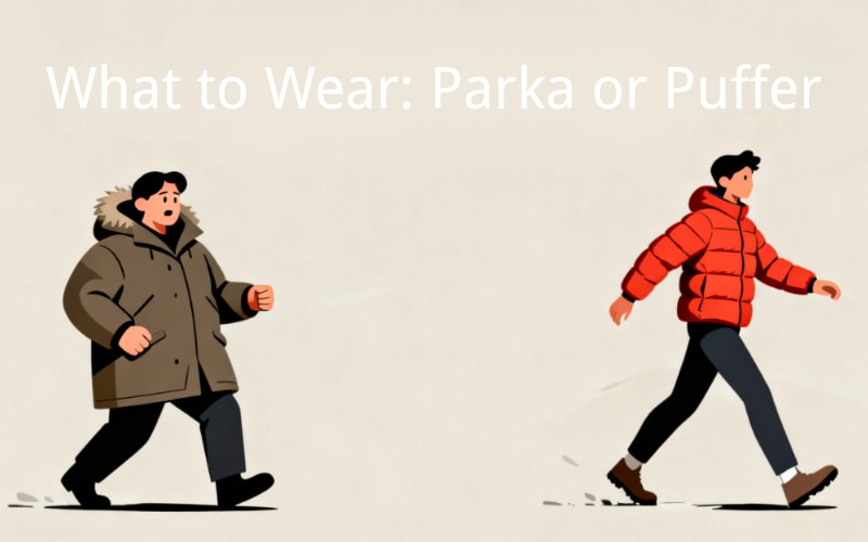 Two figures walking, one in a parka and the other in a puffer jacket, illustrating parka vs puffer choices.