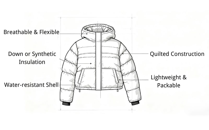 Illustration comparing features of a puffer jacket, highlighting breathability and insulation versus a parka.