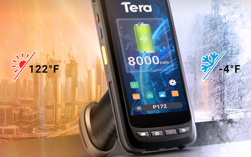 A rugged device displaying battery status, suitable for extreme temperatures, ideal for industrial barcode scanners.