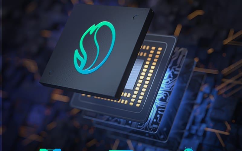 A close-up of a sleek microchip design, showcasing the latest technology for industrial barcode scanners.