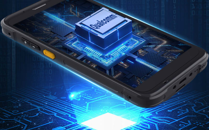 A smartphone showcasing advanced technology with a Qualcomm chip, ideal for use with industrial barcode scanners.