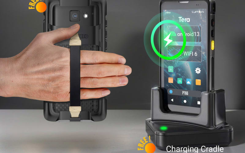 A hand interacts with an industrial barcode scanner, showcasing its features and charging cradle for efficient operation.