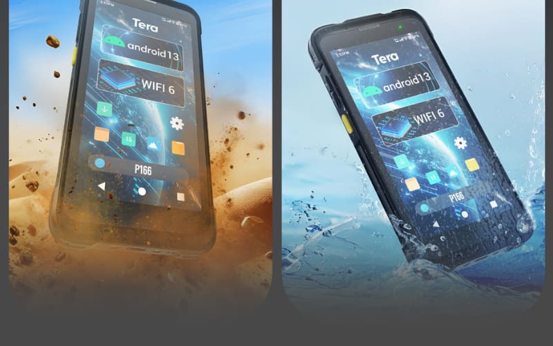 Rugged mobile device showcasing Android 13 and WIFI 6 features, ideal for use with industrial barcode scanners in tough environments.