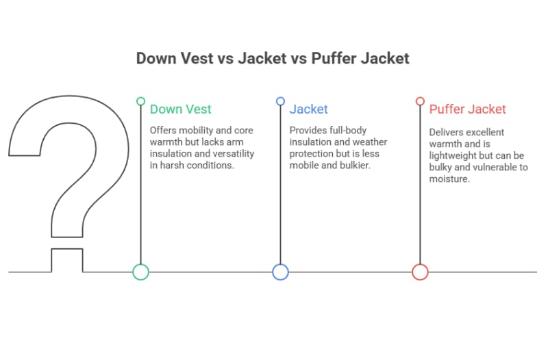Comparison of down vest vs jacket and puffer jacket, highlighting insulation and mobility features.