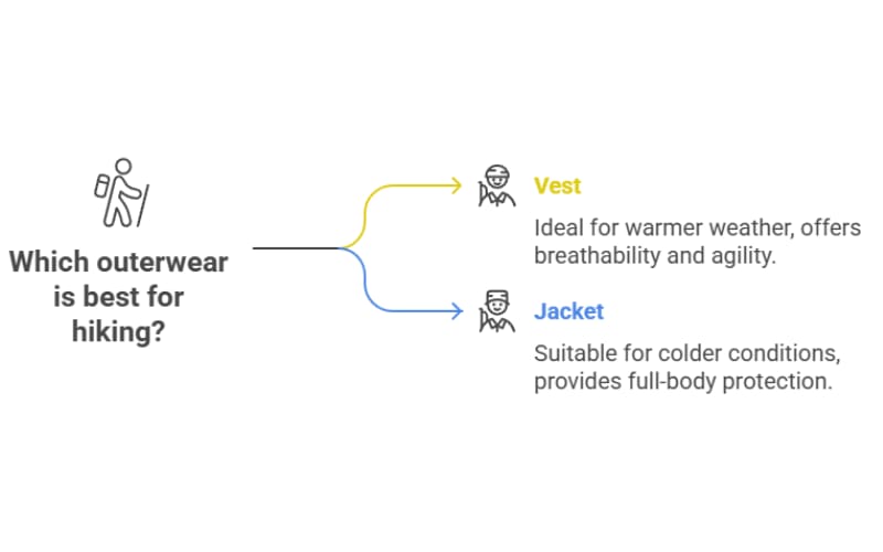 Comparison of down vest vs jacket for hiking, highlighting their suitability for different weather conditions.
