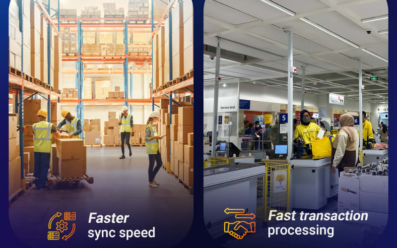A busy warehouse scene showcasing faster sync speed on the left and a retail checkout line ensuring fast transaction processing on the right.