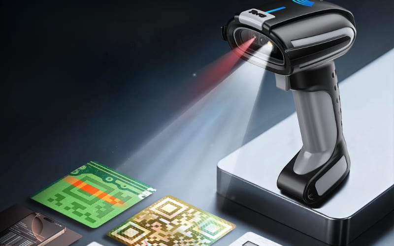 A delivery scanner is illuminating various QR codes and barcodes on a sleek surface for efficient scanning.