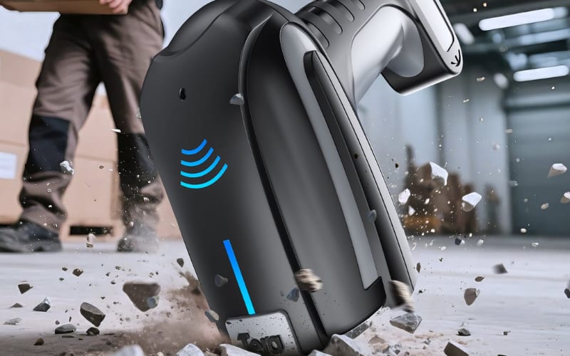 A delivery scanner is depicted on a workspace, emphasizing its robust design and advanced scanning capabilities.