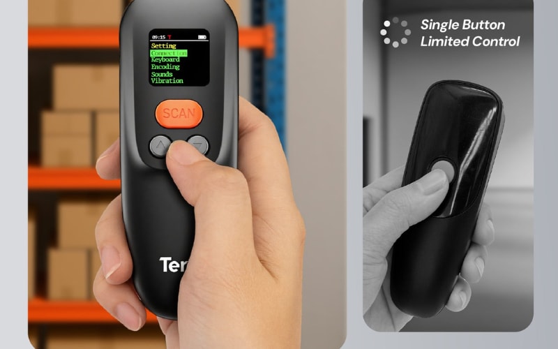 A hand holds a delivery scanner displaying settings, with a focus on its scan function and user-friendly design.