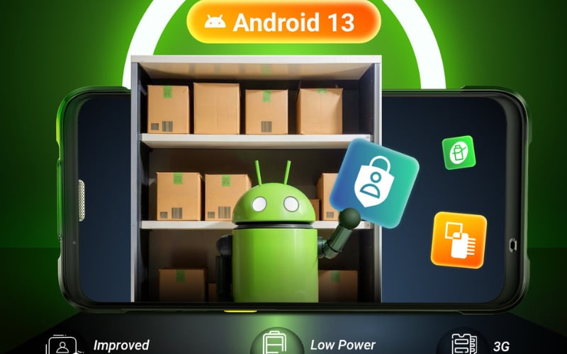 A delivery scanner displaying Android 13 with a green robot character next to shelves of boxes and app icons.