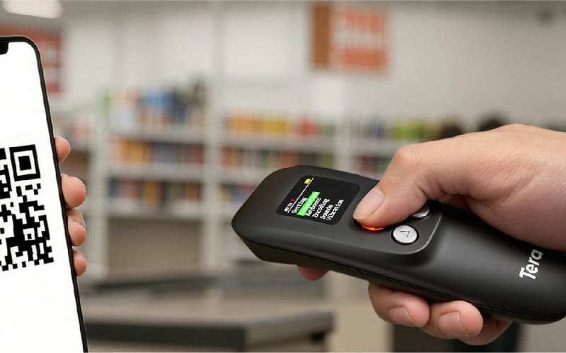 A person uses a delivery scanner to read a QR code on a phone in a library or store setting.