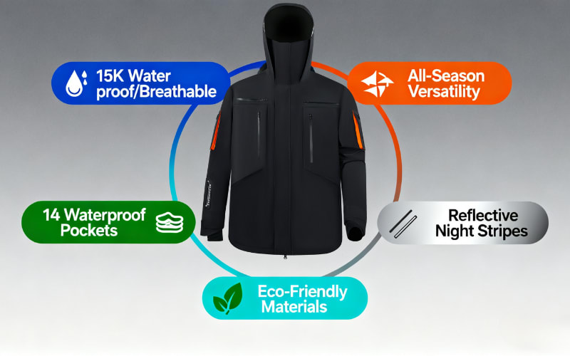 A sleek black jacket showcasing features for hardshell vs rain jacket comparison, highlighting versatility and waterproofing.