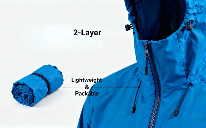 A close-up of a blue jacket highlighting its 2-layer design, showcasing hardshell vs rain jacket features.