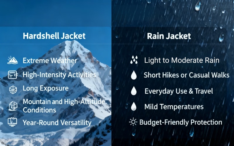 Comparison of hardshell vs rain jacket highlights features for extreme weather and casual use.