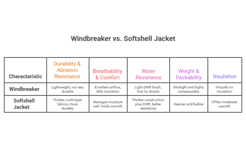 Comparison chart highlighting softshell vs windbreaker jackets based on various characteristics.