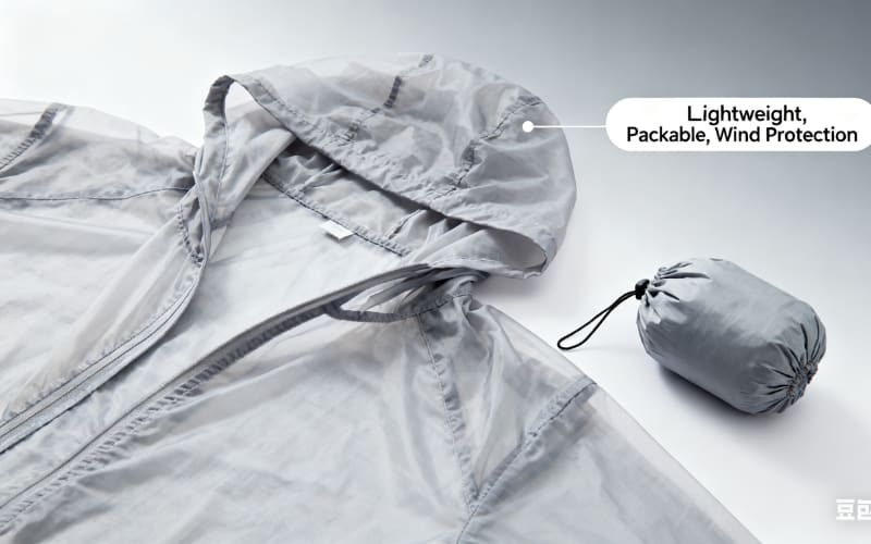 A lightweight windbreaker jacket with a hood, highlighting packability and wind protection in softshell vs windbreaker comparison.