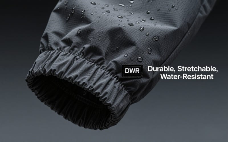 A close-up of a water-resistant jacket sleeve, highlighting the softshell vs windbreaker features and DWR.