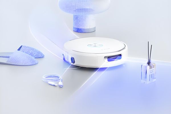 A sleek house cleaning robot navigating a modern home environment with decorative items and cozy slippers nearby.