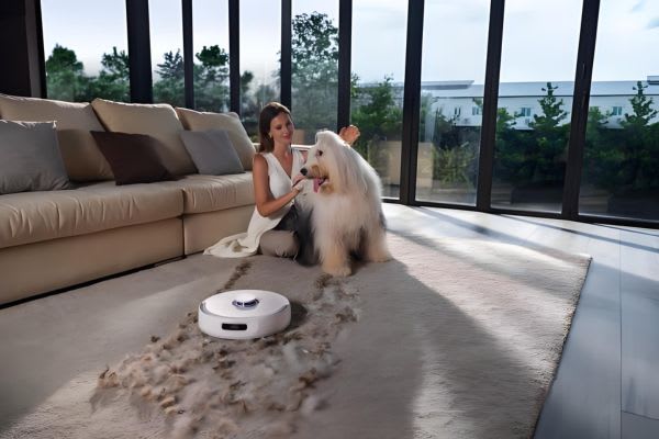 A woman pets her dog while a house cleaning robot picks up fur on a cozy rug in a modern living room.