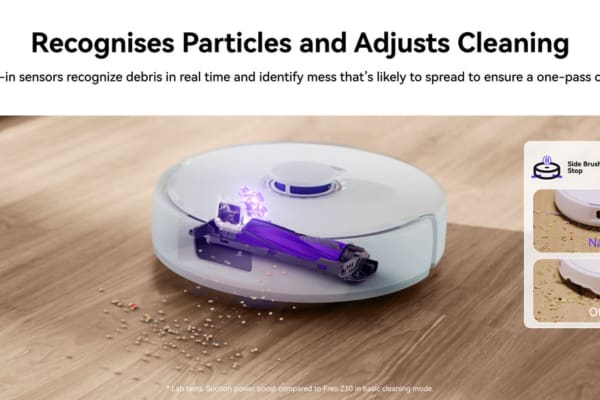 A sleek dusting robot with internal sensors efficiently identifies and adjusts cleaning of scattered debris on the floor.