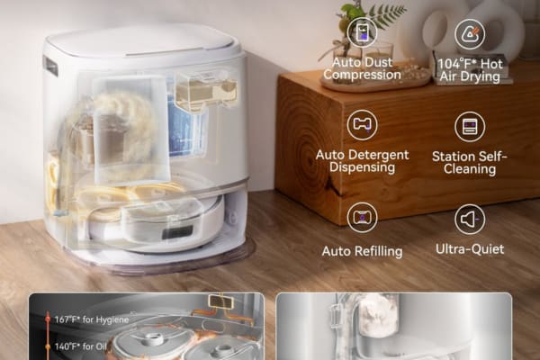 A dusting robot with features like auto dust compression, hot air drying, and station self-cleaning for efficient cleaning.