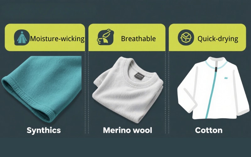 Different types of hiking clothes including synthetics, merino wool, and cotton, highlighting their features.