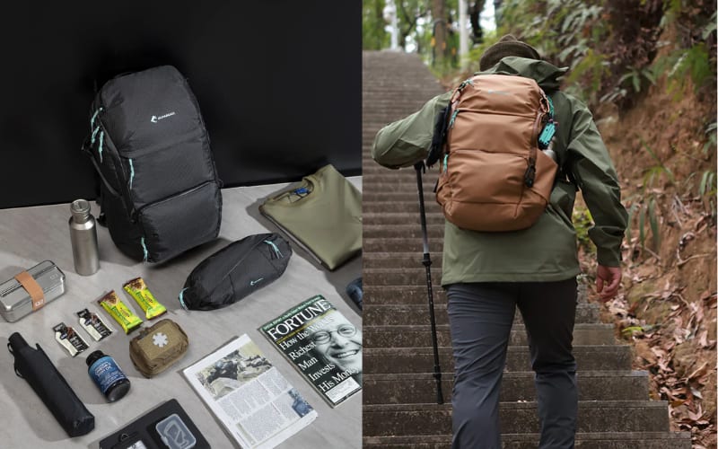 A collection of hiking clothes and gear, including backpacks, clothing, and accessories for outdoor adventures.