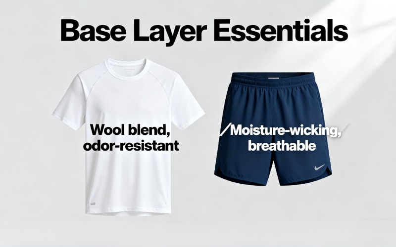 Base layer essentials for outdoor activities featuring a breathable, moisture-wicking shirt and shorts, ideal for hiking clothes.