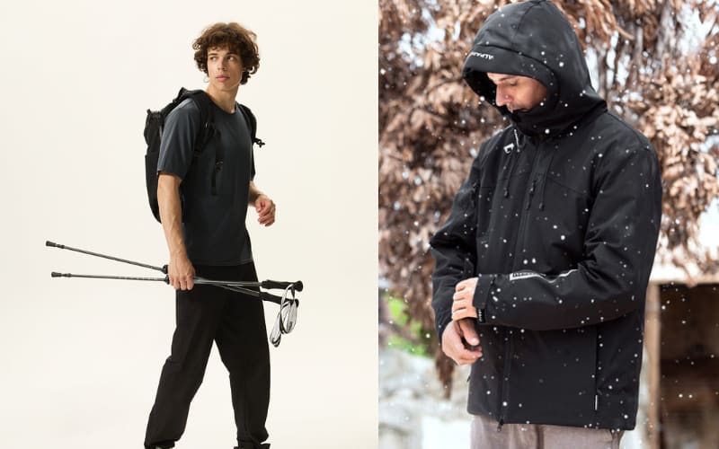 A man in hiking clothes holds trekking poles, while another man in a jacket prepares for snowy weather.