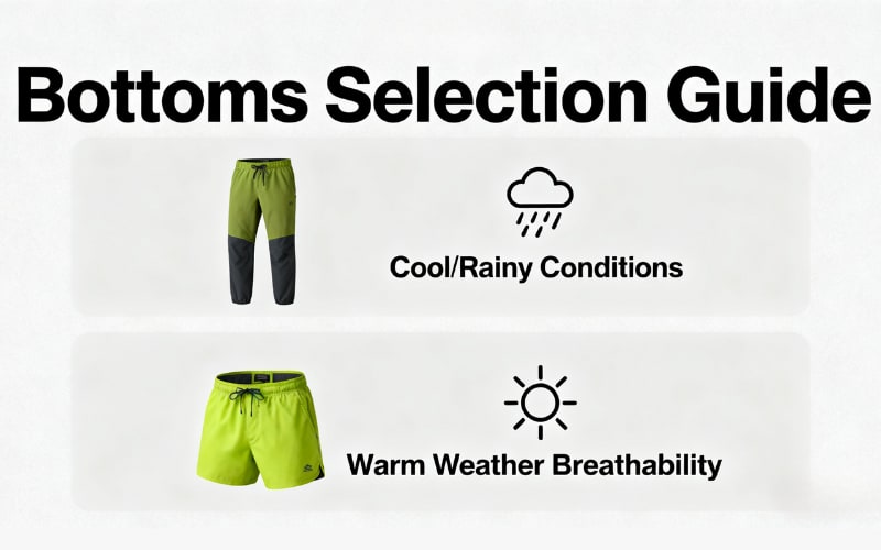 Guide for selecting bottoms suitable for hiking clothes in cool/rainy and warm weather.
