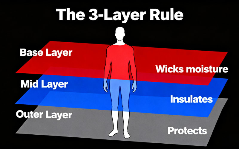 Illustration of the 3-layer rule for hiking clothes: base layer wicks moisture, mid layer insulates, outer layer protects.