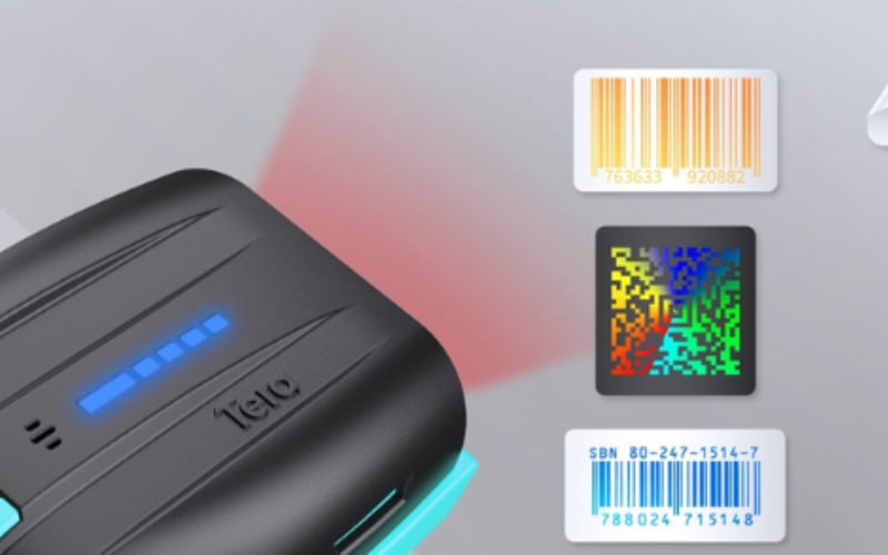 A barcode scanner emits a red light for scanning, displaying various barcode formats and indicating the scanner sound.