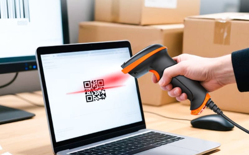 A hand holds a barcode scanner, aiming at a QR code on a laptop screen, with cardboard boxes in the background.