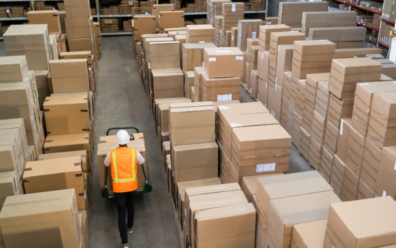 A worker in a warehouse pushes a cart through rows of stacked boxes, hearing the scanner sound as they manage inventory.