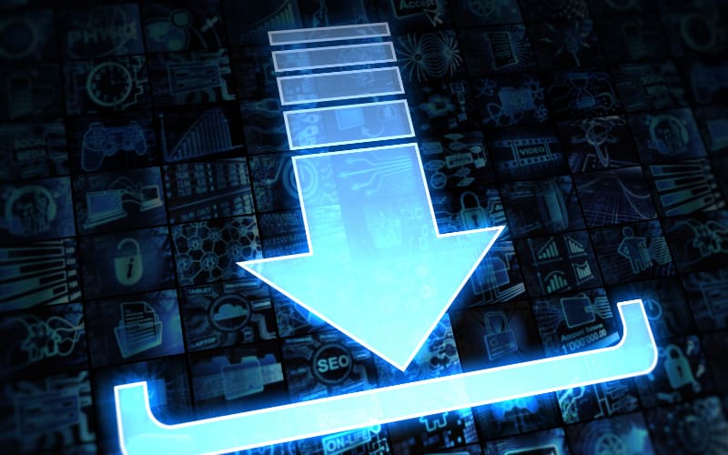 A glowing blue arrow pointing downwards over a digital background, representing downloading files and the scanner sound of file transfer.