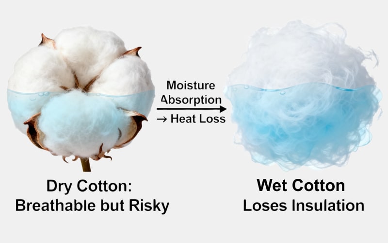 Dry cotton is breathable but risky; wet cotton absorbs moisture and loses insulation, explaining why cotton is bad for hiking.