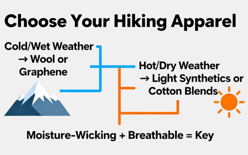Flowchart comparing appropriate hiking apparel for cold/wet versus hot/dry weather, highlighting why cotton is bad for hiking.